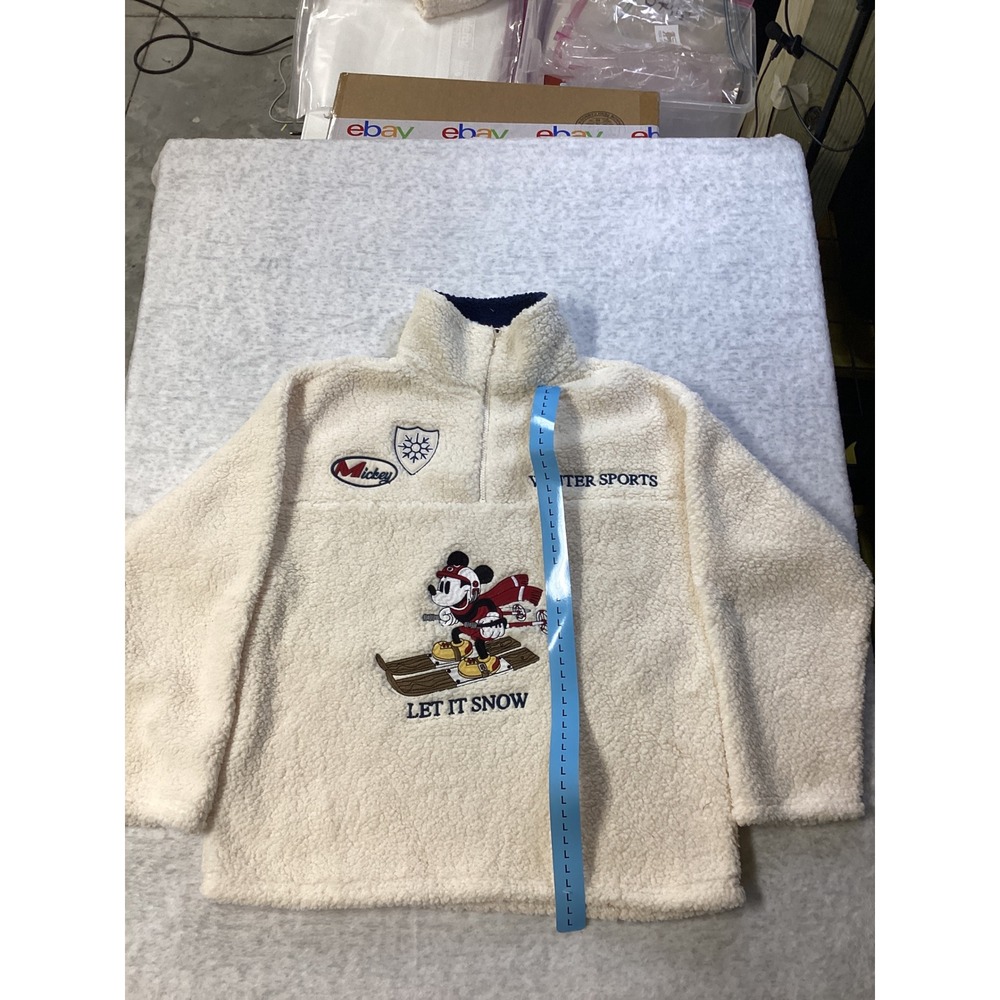 Disney Mickey Mouse Womens Sherpa Fleece Quarter Zip Pullover Off White Large‎